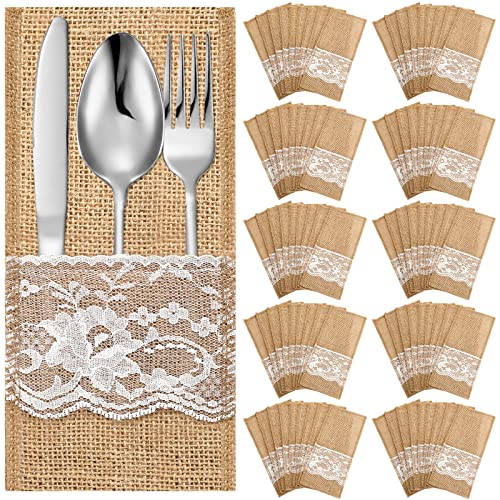 Windyun 100 Stück 10,4 x 22,9 cm Hochzeit Natürliche Jute-Geschirrhalter Leinen Spitze Besteckhalter Jute-Bestecktasche Rustikaler Besteckhalter Tasche für Brautdusche Abendessen Party Dekorationen von Windyun