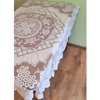 Große Tischdecke Antik Handarbeit Vintage Leinen Handgemacht Schöne Extra Große Alte Original Beige Kreis von WineRedLady