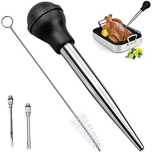 Winfred Truthahnbaster Bratenspritze Fleischspritze BBQ Marinadenspritze mit 2 Nadeln, 304 Edelstahl Gewürzspritze Grill Reinigungsbürste Küchenhelfer für BBQ Fleisch Rind Huhn Gebäck (Silber) von Winfred