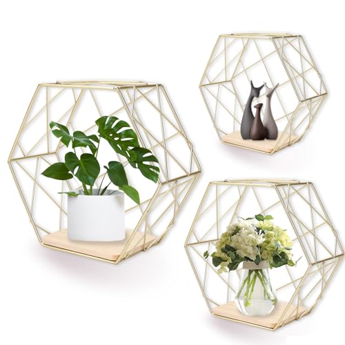 Hexagon Wandregal Ablage aus Holz Metall, 3 Größen Hängeregal Schweberegal Gitterregal Wanddeko Dekorative Regale für Wohnzimmer Schlafzimmer Küche (Gold 3) von WingFly