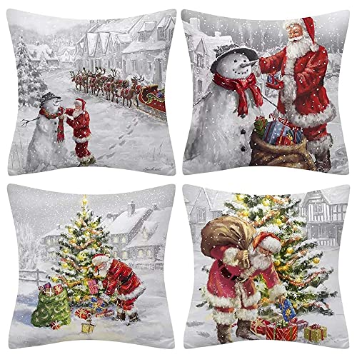 Kissenbezüge Weihnachten 45x45 cm, 4 Stück Kissenbezug Frohe Weihnachten Dekorative Kissenhülle Winter Zwerge Elk Weihnachtsmann Leinen Werfen Sie Kissenbezüge für Sofa Bett(Weihnachten B) von WingFly