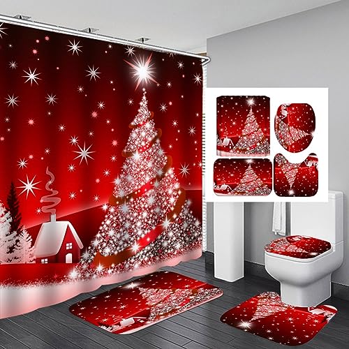 Weihnachtsbadezimmer-Sets mit Duschvorhang und Teppichen und Zubehör, Weihnachtsglocke, Kamin, Elch, Weihnachtsbäume, Schneemann, Weihnachtsmann für Weihnachtsdekoration. (Weihnachten 4) von Wingbind