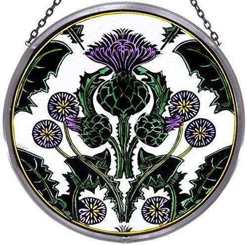 Dekorativer handbemalter Glasfenster 20,3 cm Größe/Sonnenfänger in einer Distel Nouveau Design von Winged Heart presented by Celtic Glass Designs
