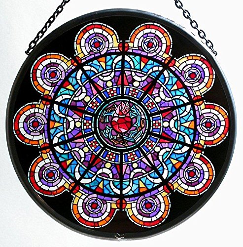 Dekorativer handbedruckter Buntglas-Fenster-Sonnenfänger, rund, im Sacre Couer 'Coeur'-Design von Winged Heart