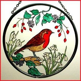 Dekorativer Sonnenfänger aus Buntglas, handbemalt, Rotkehlchen-Design von Winged Heart presented by Celtic Glass Designs