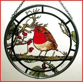 Dekorativer handbemalter Sonnenfänger aus bemaltem Glas / Butzenscheibe mit Rotkehlchen-Motiv von Winged Heart presented by Celtic Glass Designs