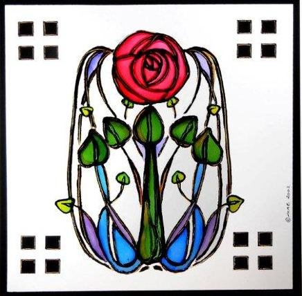 Static Window Clings in a Mackintosh Rose and Leaves Design von Winged Heart presented by Celtic Glass Designs