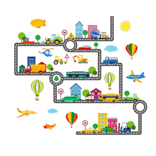 Winhappyhome Cartoon Road Auto Flugzeug Heißluftballon Kinder Wandaufkleber Kindergarten Interaktive Wandaufkleber von Winhappyhome