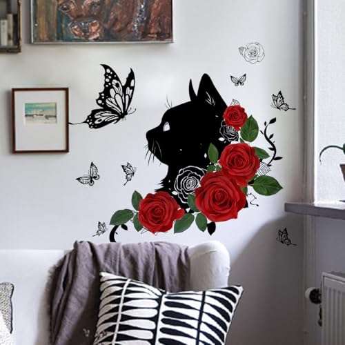 Winhappyhome Schwarze Katze Rose Blume Schmetterling Wandaufkleber Hintergrund Wand Home Dekoration Wandaufkleber von Winhappyhome