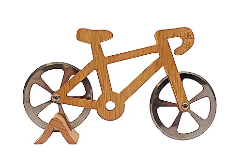 Winkee - Fahrrad Pizza Schneider | Der coole Pizzaschneider für Fahrrad begeisterte | Pizzaroller aus Edelstahl & Holz | Schneideroller Radl-Look| Geschenk für Radlfahrer zu Weihnachten, Geburtstag von Winkee