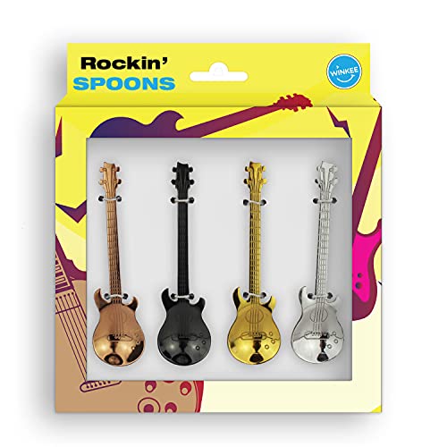 Winkee - Gitarren Kaffeelöffel 4er Set - Stylische Löffel in Gitarren Look | Teelöffel Multicolor | Esspressolöffel | Eierlöffel | Edelstahl | Geschenk an Weihnachten, Geburtstag, Valentinstag von Winkee