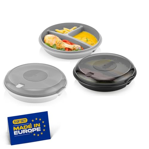 Winkly® Bento-Schüssel, Mikrowellen Teller, Mikrowellengeschirr, Multischale mit 3 Fächern & Rund –Frischhaltedose luftdicht–Mahlzeiten getrennt aufbewahren & Vorratsdosen (3er Pack) von Winkly