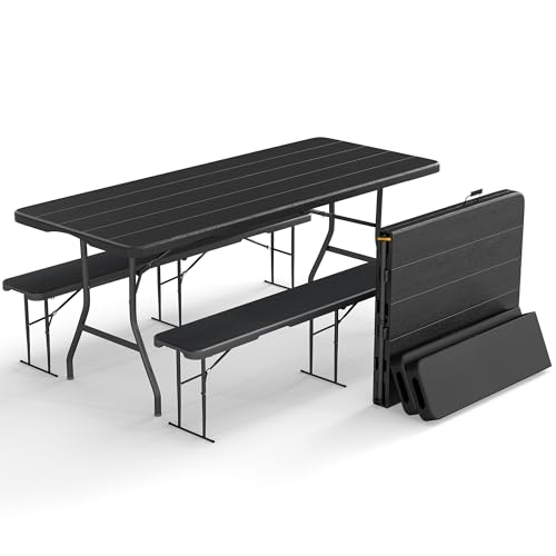 Faltbares Picknicktisch-Set mit 2 Bänken, 1,8 m, Campingtisch-Stuhl-Set, 3-teiliges Klappmöbel für den Innen- und Außenbereich, mit Griff und Sicherheitsschlössern, glatte Tischplatte, Schwarz von Winlice
