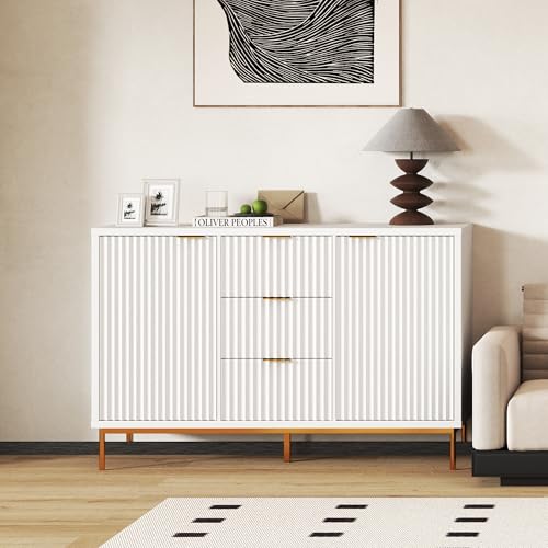 Winlice Geriffelter Sideboardschrank, Buffetschrank mit Stauraum und 3 Schubladen, 2 Türen, moderner Kaffeebarschrank, Küche, Buffet, Tisch, Konsole, Akzentschrank für Esszimmer, Wohnzimmer, Weiß Winlice Geriffelter Sideboardschrank, Buffetschrank mit Stauraum und 3 Schubladen, 2 Türen, moderner Kaffeebarschrank, Küche, Buffet, Tisch, Konsole, Akzentschrank für Esszimmer, Wohnzimmer, Weiß von Winlice