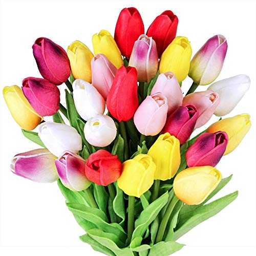 28 Stück Tulpe künstliche Blume Latex Real Touch Bridal Wedding Bouquet Home Decor (Mehrfarbig) von Winlyn
