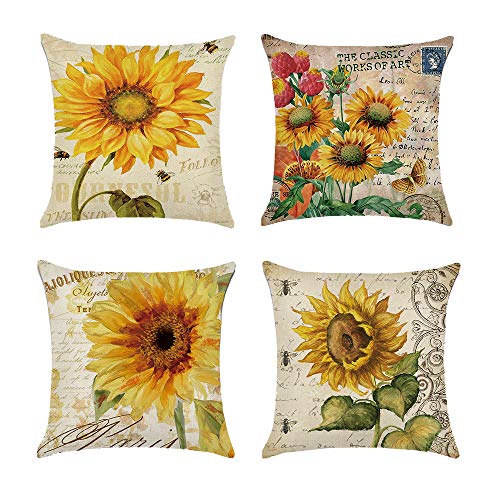 4er-Set Sonnenblumen-Kissenbezüge dekorativer Kissenbezug 45 x 45cm natürliches Blumenmuster Leinengemisch für Sofa Couch Heimdekoration Bauernhaus von Winmany