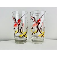 Vintage Cocktailglas-Set Von Zwei, Rotem Und Gelbem Vogel-Design, Für Sommer-Cocktails, Mid Century-Glaswaren, Geschenk von WinnieHorsley