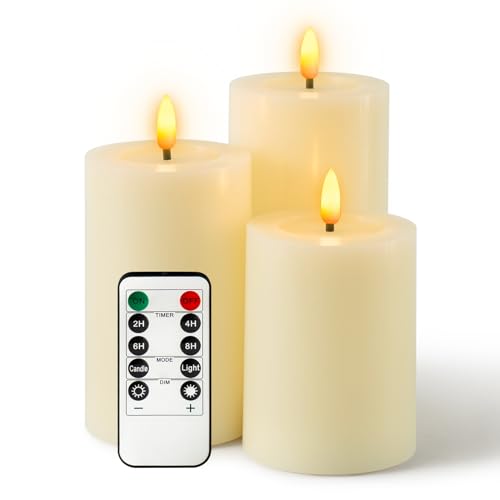 WinsTime LED-Kerzen Flammenlose Kerzen mit Fernbedienung Timer Funktion, Elfenbein batteriebetrieben flackernde Säule Kerzen, echtem Wachs, 3er-Set(10cm, 12.5cm, 15cm) von WinsTime