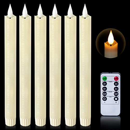 WinsTime Led Stabkerzen mit Fernbedienung, batteriebetriebene LED Kerzen Flackernde Flamme, 3D-Dochtlicht, echtes Wachs Elfenbein 2 x 24.5 cm 6 Stück, für Weihnachten, Heimdekoration von WinsTime