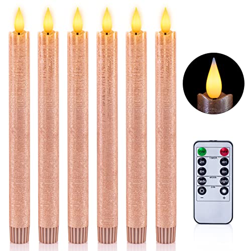 WinsTime Led Stabkerzen mit Fernbedienung, batteriebetriebene LED Kerzen Flackernde Flamme, 3D-Dochtlicht, echtes Wachs Rosa 2 x 24.5 cm 6 Stück, für Weihnachten, Heimdekoration von WinsTime