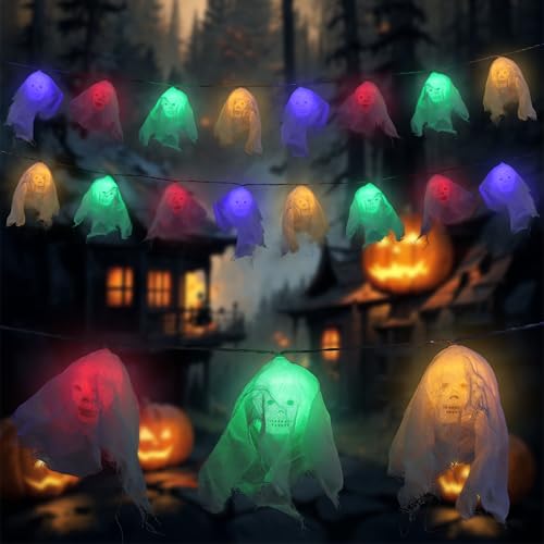 Halloween Dekorationen Lichter, Totenkopf String LED Lichter Glühender Geist, Halloween Party Home Decor, Schädel Bunte Lichter mit Schleier für Terrasse Garten Hof (2,5 m) von Winsegom