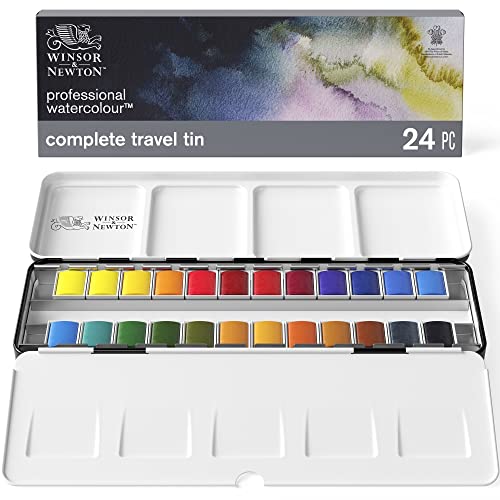 Winsor & Newton 0190553 Professional Aquarellfarbe, lebendige Wasserfarben in Künstlerqualität, hohe Farbbrillanz & Leuchtkraft, lichtecht, Archivqualität - Metall-Reisekasten 24 Farben in 1/2 Näpfchen von Winsor & Newton
