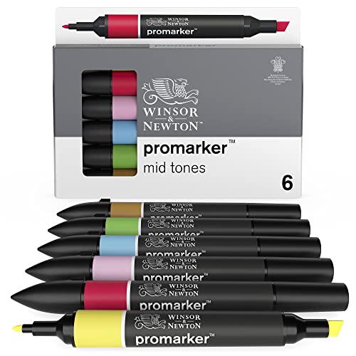 Winsor & Newton 0290112 ProMarker, Professioneller Layoutmarker - 2 Spitzen, fein und breit für Zeichnungen, Design und Layouts - 6 Farben Set - Mittlere Töne von Winsor & Newton