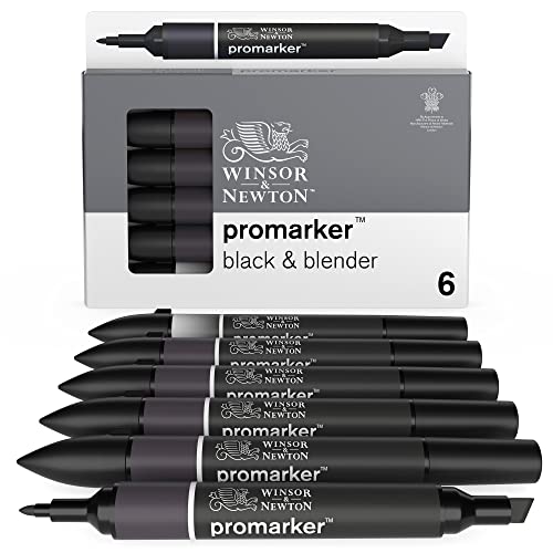 Winsor & Newton 0290116 ProMarker, Professioneller Layoutmarker - 2 Spitzen, fein und breit für Zeichnungen, Design und Layouts - 6er Set 5x Schwarz & Blender von Winsor & Newton