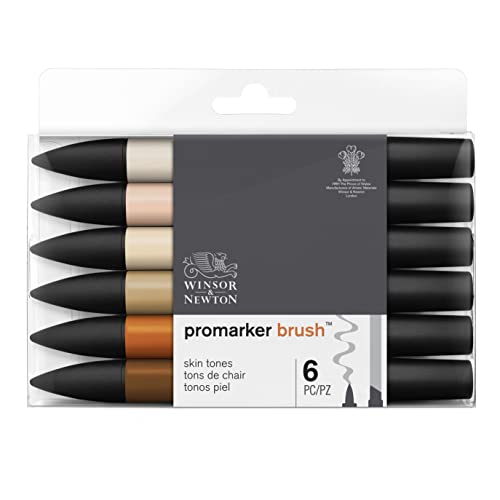 Winsor & Newton 0290127 ProMarker Brush für Zeichnungen, Kalligraphie, Design und Layouts, streifenfreies Zeichnen mit Keil- und Pinselspitze)- 6 Farben Set Hauttöne von Winsor & Newton