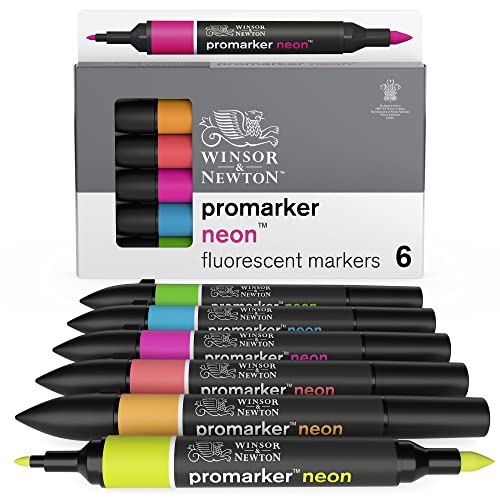 Winsor & Newton 0290136 Neon Marker Professioneller Layoutmarker - 2 Spitzen, fein und breit für Zeichnungen, Design und Layouts - 6 Neonfarben im Set von Winsor & Newton