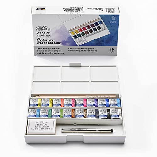 Winsor & Newton 0390060 Cotman Aquarellfarben Taschenset 16 Farben, lebendige Wasserfarben mit hoher Lichtechtheit, große Farbauswahl, Alterungsbeständig - 16 halbe Näpfe, Mischpalette, Pinsel von Winsor & Newton