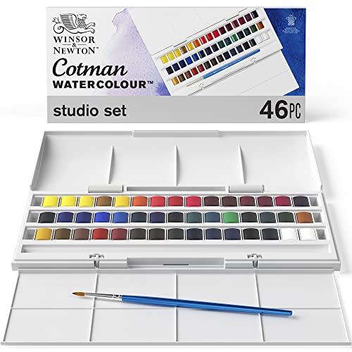 Winsor & Newton 0390471 Cotman Half Pan Studio-Aquarellfarben Set, lebendige Wasserfarben mit hoher Lichtechtheit, große Farbauswahl, Alterungsbeständig - 45 halbe Näpfe, Mischpalette, Pinsel von Winsor & Newton