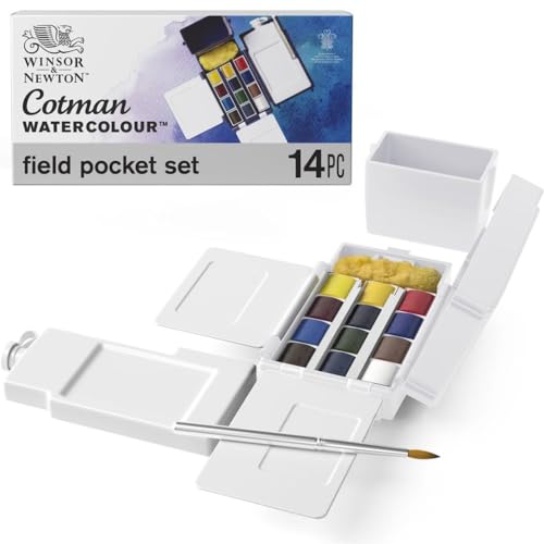 Winsor & Newton 0390639 Cotman Field Box Aquarellfarben Set, lebendige Wasserfarben mit hoher Lichtechtheit, große Farbauswahl, Alterungsbeständig - 12 Farben in 1/2 Näpfen, Mischpalette, Wassertank von Winsor & Newton