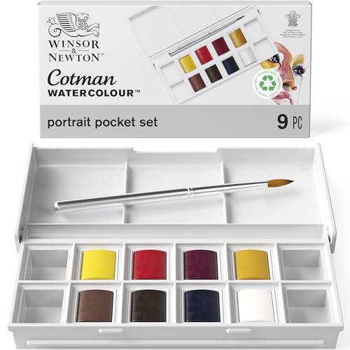 Winsor & Newton 0390670 Cotman Aquarellfarben im Set, Lebendige Aquarellfarben mit ausgezeichneter Transparenz im 8 Farben Set mit Taschenpinsel - Porträts von Winsor & Newton