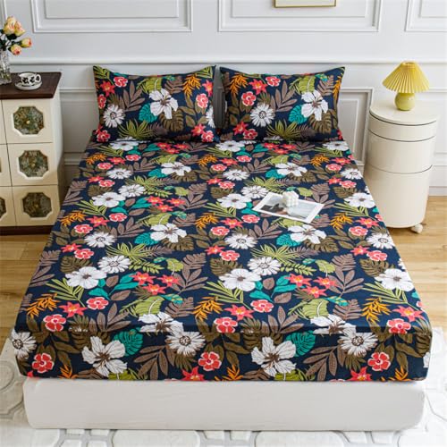 Spannbettlaken 180x200cm, Modernes Spannbettlaken mit Blumenmuster, Spannbetttuch aus Mikrofaser, Geeignet für Einzel- oder Doppelbetten, Matratzen bis 25cm, （Blumensaison Party） von Wintdeer