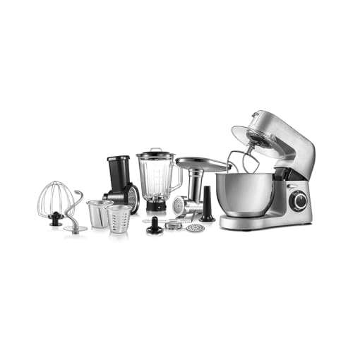 Wintem Multifunktionale Küchenmaschine mit 8 Zubehörteilen 1500 W – Küchenmaschine auch als Fleischwolf und Mixer verwendbar – Ideal zum Kochen vieler verschiedener Gerichte mit Schüssel 6 l von Wintem