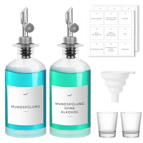 Winter Shore 350 ml Mundwasser Badezimmer Set [2er-Pack] - Nachfüllbare Mundwasser Spender mit Auslaufsicherem Ausgießer, 2 Gläsern, Trichter & 6 Etiketten - Küche & Bad Zubehör von Winter Shore