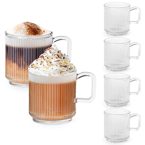 Winter Shore 350 ml Kaffeetassen Glas mit Vertikalen Streifen (6er-Pack) - Durchsichtige Gläser mit Henkel für Kaffee, Cappuccino, Latte, Tee - Für Heiße & Kalte Getränke, Mikrowelle & Spülmaschine von Winter Shore