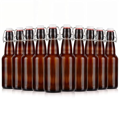 Winter Shore 360 ​​ml Bernsteinfarbene Leere Flaschen zum Befüllen mit Etiketten (10er-Pack) - Flaschen mit Bügelverschluss & Deckel für Vanilleextrakt - Bügelverschluss Flasche für Bier & Kombucha von Winter Shore