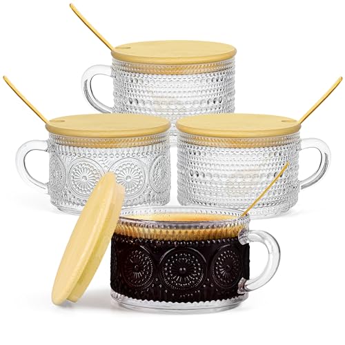 Winter Shore 400 ml Vintage-Espressotassen Set mit Bambusdeckeln & Löffeln (4er-Pack) - Cappuccino Tassen für Overnight Oats, Eiskaffee & Latte - Gefrierschrank- & Spülmaschinenfeste Kaffee Gläser von Winter Shore