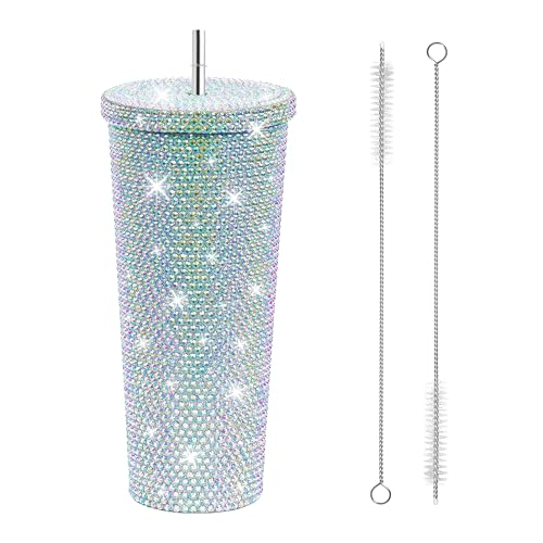 Winter Shore 750 ml Strass-Trinkbecher mit Deckel und Diamond Tumbler - Glitzernder Edelstahl-Isolierbecher mit Strohhalm & 2 Bürsten - Hält Wasser, Kaffee & Getränke 4 Stunden Lang Kalt oder Heiß von Winter Shore