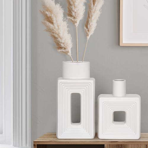 Winter Shore Deko Vase Weiß Set (2er-Pack) - Geometrische, Minimalistische Deko - Keramik-Vasen Set für Wohnzimmer, Flur, Regale, Tisch, Kaminsims - Vase Boho, Nordisch, Rustikal, Bauernhaus, Modern von Winter Shore