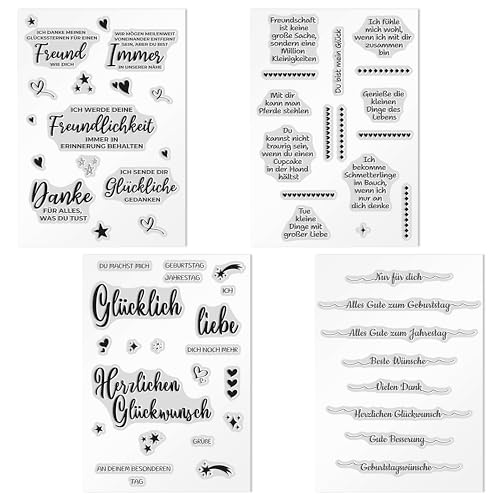 Winter Shore Deutsches Silikonstempel Set zur Karten-Gestaltung [4 Stk.] - Glückwunsch-, Jubiläums- & Geburtstags Stempel Set zum Basteln - Klare Deko Sprüche Stempel für Karten, Scrapbook usw. von Winter Shore