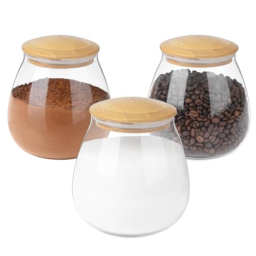 Winter Shore Glasbehälter mit Deckel Rund (3er-Pack) - 850 ml Durchsichtige Deko-Vorratsdosen Glas mit Deckel Luftdicht aus Bambus - Für Kaffee, Zucker, Reis, Nudeln, Gewürze, Süßigkeiten, Kräuter von Winter Shore