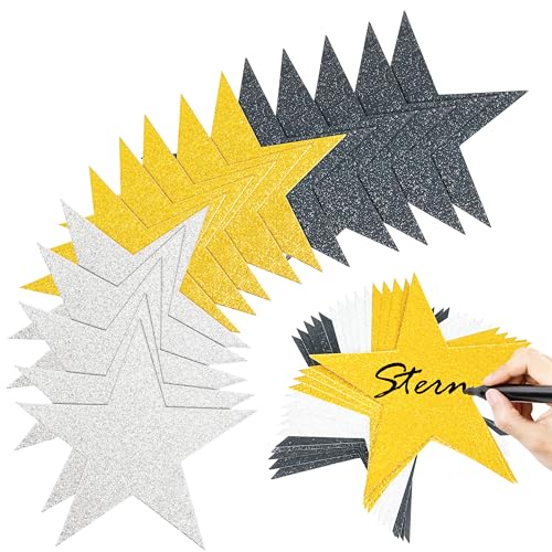 Winter Shore Glitzer Sterne zum Aufkleben für Pinnwand [90 Pack] - Sterne Gold, Schwarz & Silber, je 30 Stück - Doppelseitige Stern Deko aus Karton für Klassenzimmer, Partys, Sterne Basteln - 15 cm von Winter Shore