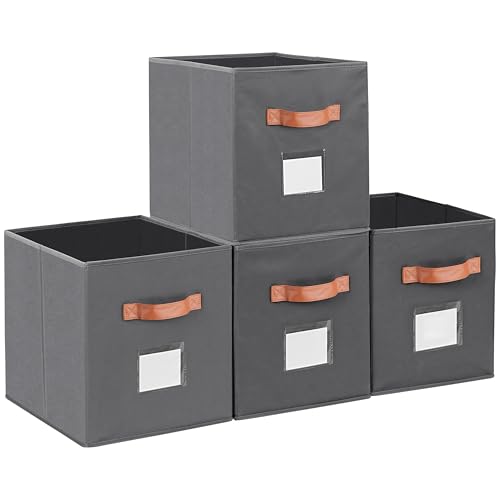 Winter Shore Graue Aufbewahrungsbox Stoff mit Etikettenhaltern [4er-Pack] Faltbare Stoffboxen Aufbewahrung mit Griffen zum Organisieren von Kleidung, Regal & Zimmer - Aufbewahrungsbox 38x33x35.5 cm von Winter Shore