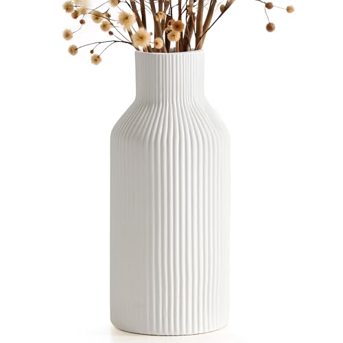 Winter Shore Keramik-Vase Weiß - Weiße Vase Deko für Blumen - Blumenvase Modern für Inneneinrichtung - Pampasgras Vase für den Schreibtisch im Büro, Wohnzimmer - Elegante Vase Keramik von Winter Shore