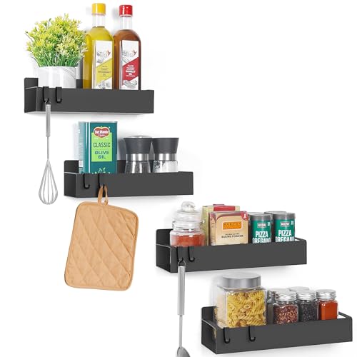 Winter Shore Kühlschrank Regal Magnetisch [4 Stück] - Starke Schwarze Magnetische Gewürzregale mit Haken für Kühlschrank & Mikrowelle - Platzsparende Magnetische Regale zur Gewürzaufbewahrung von Winter Shore