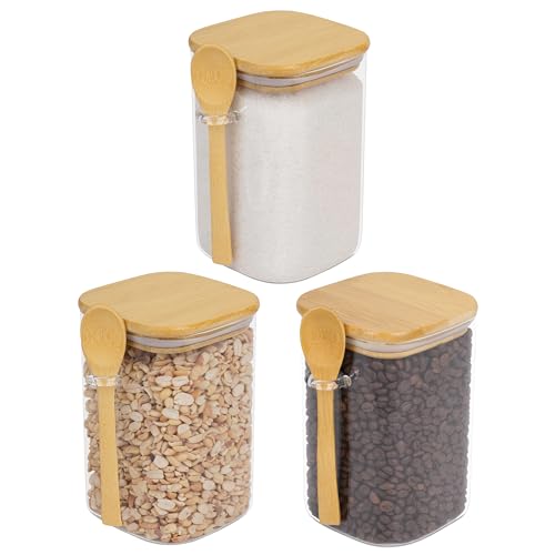 Winter Shore Viereckige Vorratsgläser mit Deckel und Löffel aus Bamboo Lids (3er-Pack) - 1,2 l Vorratsglas mit Deckel Luftdicht - Overnight Oats Gläser für Reis, Gewürze, Nudeln & Kaffee von Winter Shore