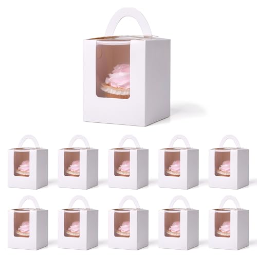 Winter Shore Weiße Einzelne Cupcake Box [60er-Pack] - Einzelner Cupcake-Karton mit Sichtfenster, Griff & Einsätzen - Pralinenschachtel Leer für Gebäck, Geschenkbox mit Sichtfenster - 9 x 9 x 11 cm von Winter Shore